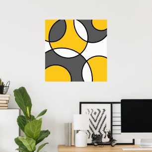 Yellow Grey Black White Abstract Circles Poster