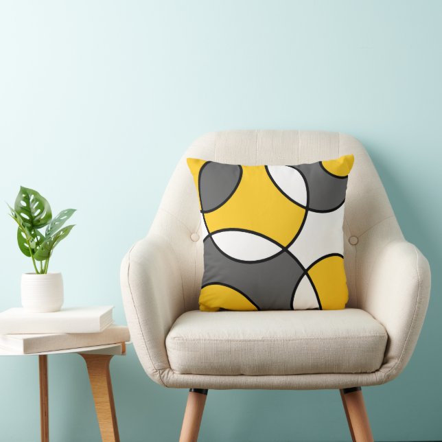 Yellow Grey Black White Abstract Circles Throw Pillow (Chair)