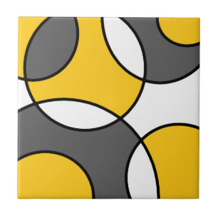 Yellow Grey Black White Abstract Circles Tile