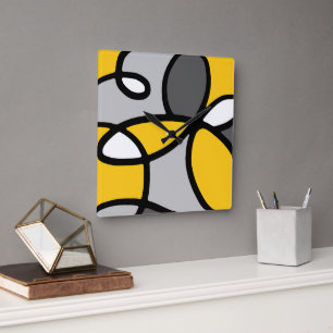 Yellow Grey Black White Abstract  Square Wall Clock