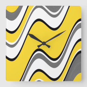Yellow Grey Black White Abstract Waves Square Wall Clock
