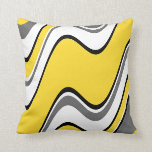 Yellow Grey Black White Abstract Waves Throw Pillow