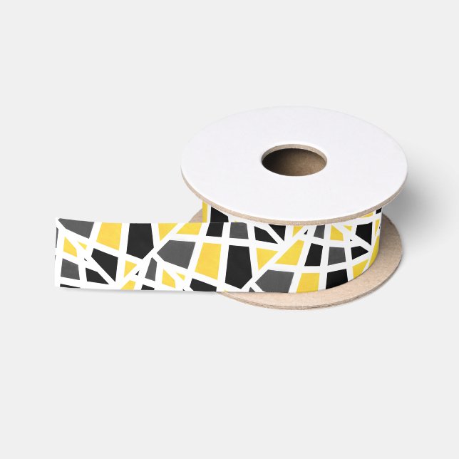 Yellow Grey Black White Geometric Abstract Satin Ribbon (Spool)