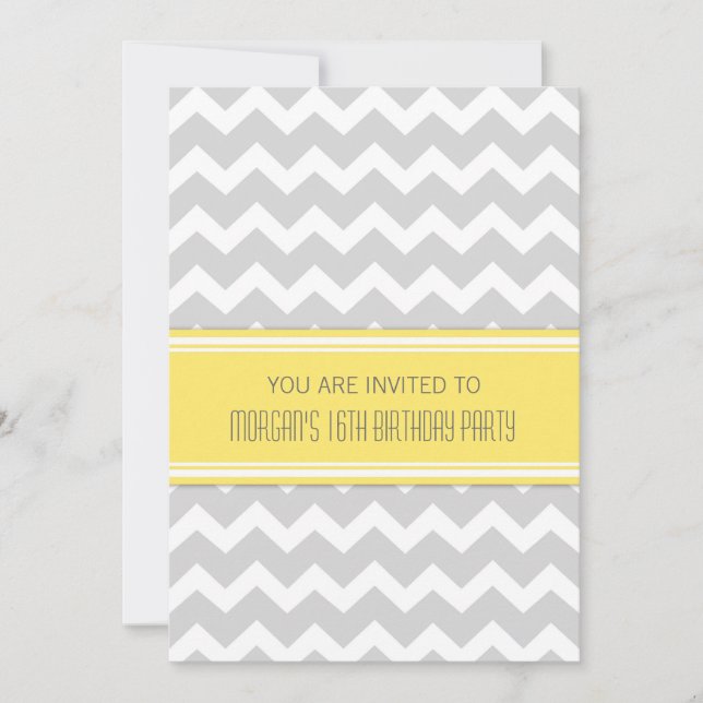 Yellow Grey Chevron 16th Birthday Party Invitation (Front)