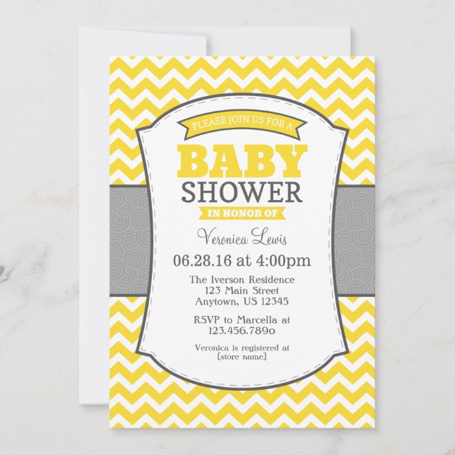 Yellow Grey Chevron Baby Shower Invitation (Front)