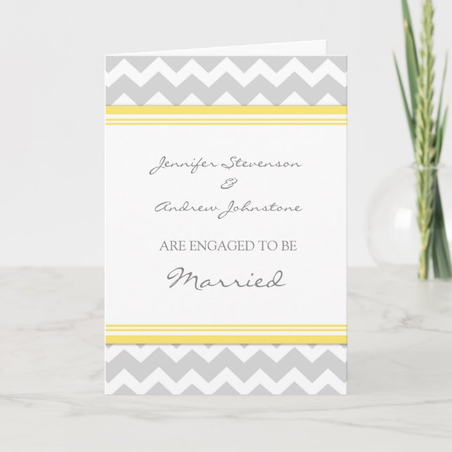 Yellow Grey Chevron Engagement Announcement Card (Front)