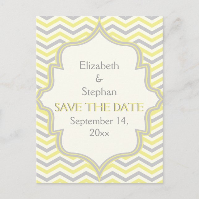 Yellow grey chevron zigzag wedding Save the Date Announcement Postcard (Front)