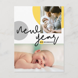 Yellow Grey Colours New Year Baby Photo Postcard