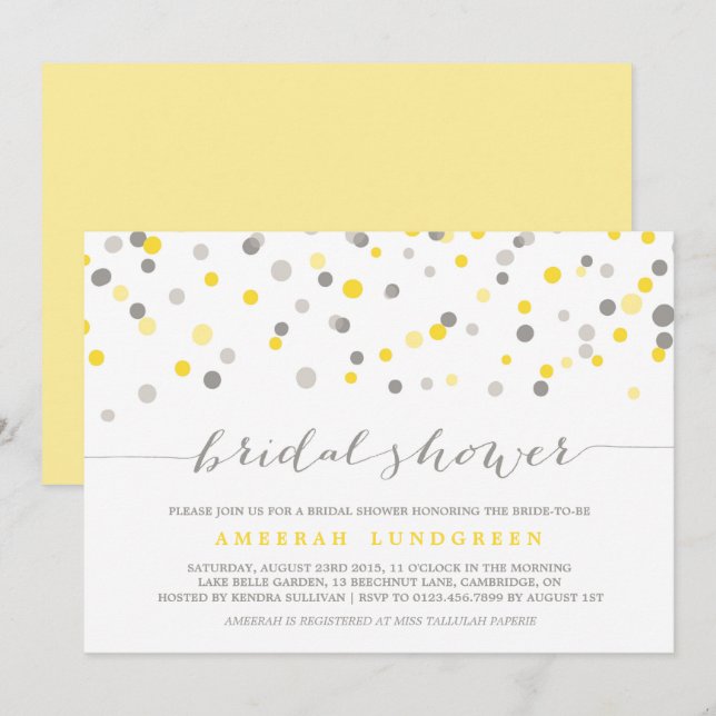 Yellow & Grey Confetti Dots Bridal Shower Invite (Front/Back)