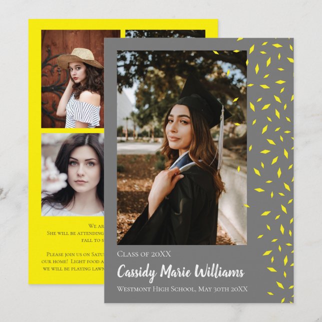 Yellow Grey Confetti Graduation Announcement (Front/Back)