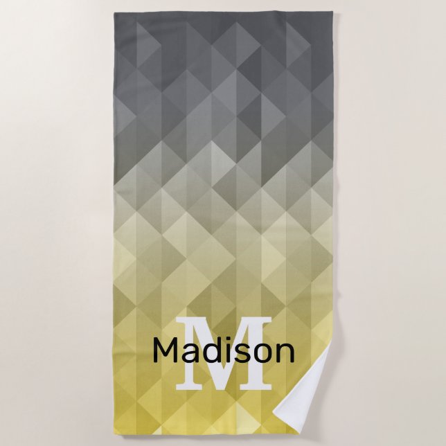 Yellow Grey Cool Ombre Geometric pattern Monogram Beach Towel (Front)