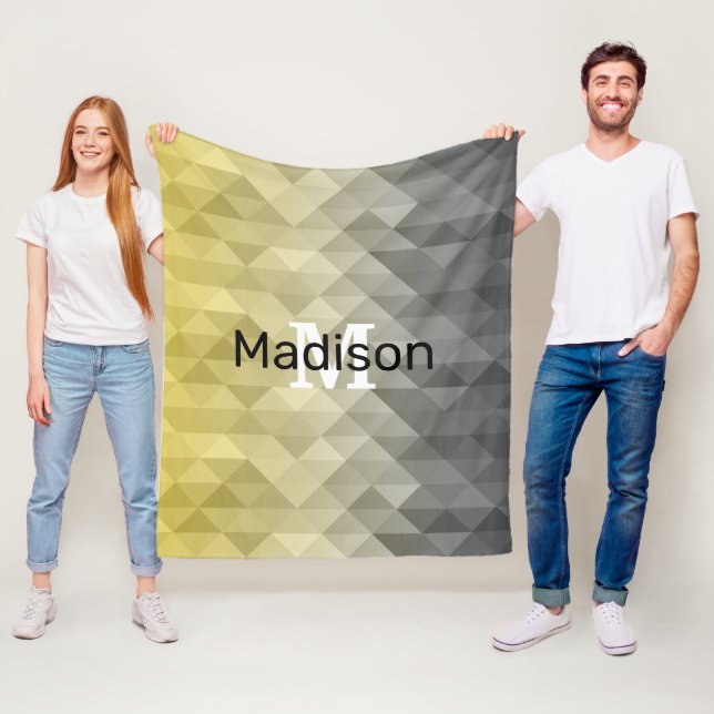 Yellow Grey Cool Ombre Geometric pattern Monogram Fleece Blanket (In Situ)