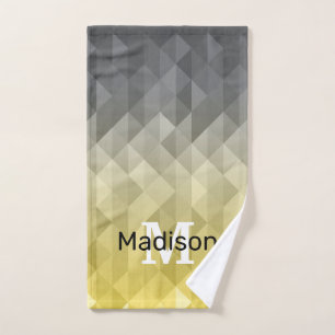 Yellow Grey Cool Ombre Geometric pattern Monogram Hand Towel