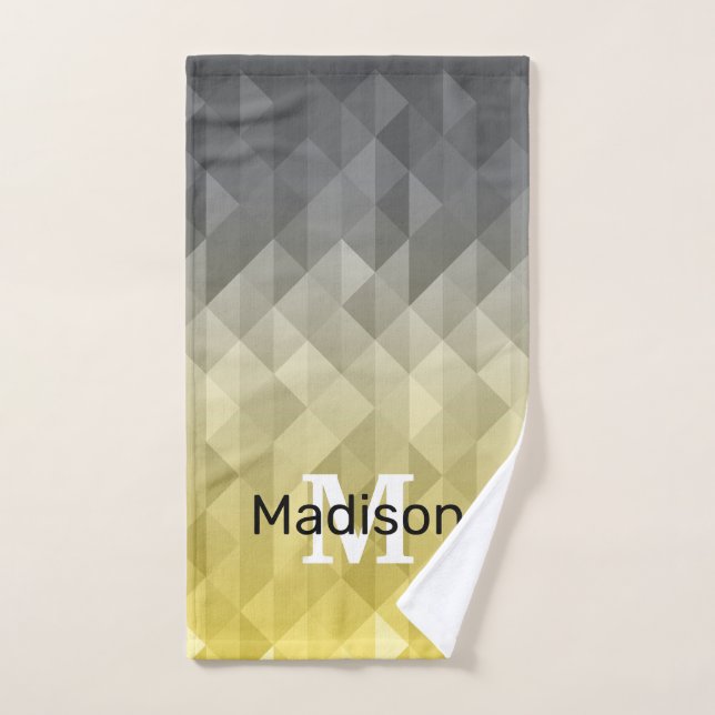 Yellow Grey Cool Ombre Geometric pattern Monogram Hand Towel (Hand Towel)