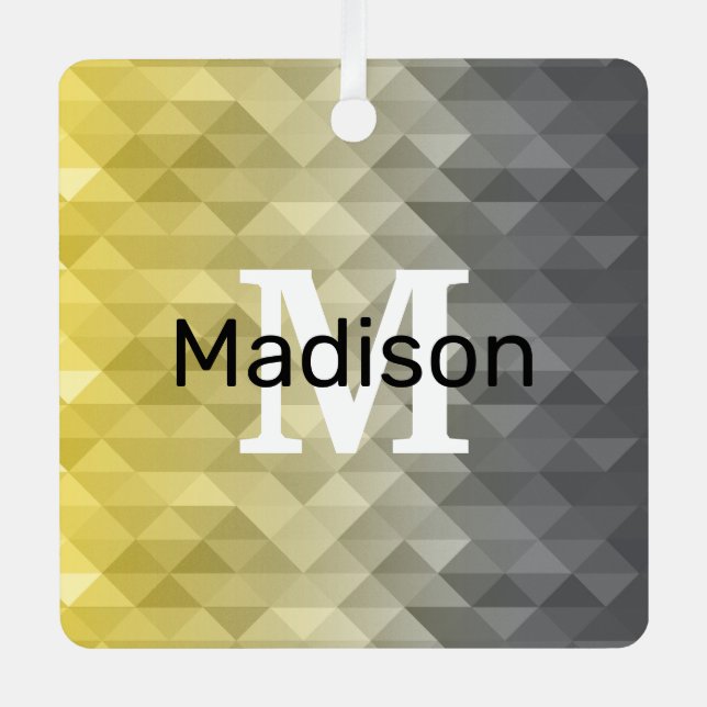 Yellow Grey Cool Ombre Geometric pattern Monogram Metal Ornament (Front)