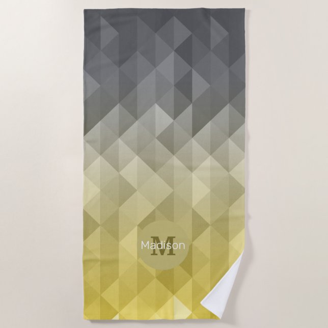 Yellow Grey Cool Ombre Geometric pattern Moonogram Beach Towel (Front)