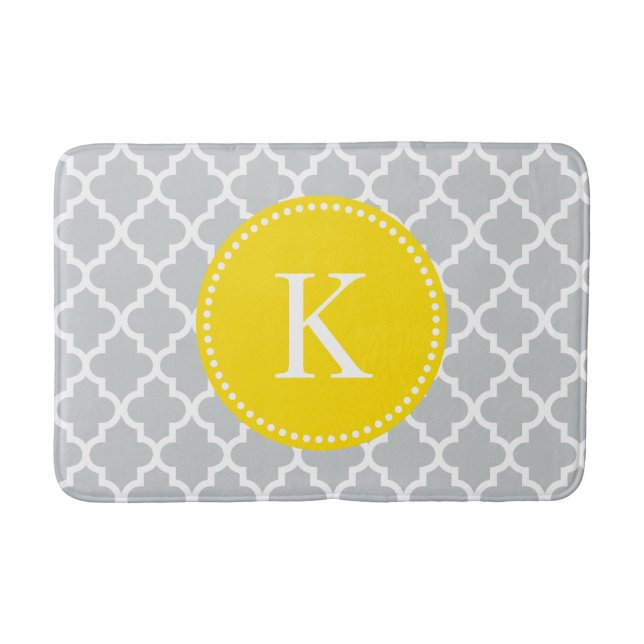 Yellow Grey Custom Monogram Quatrefoil Pattern Bath Mat (Front)