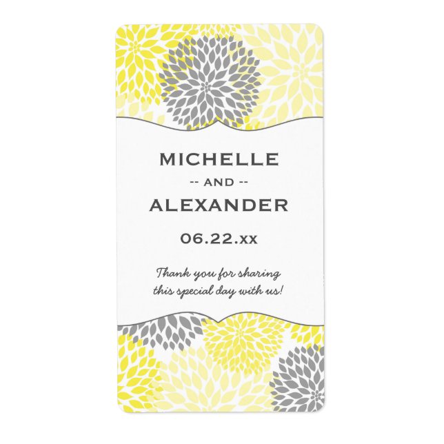 Yellow Grey Dahlia Mums Wedding Wine bottle favour (Front)