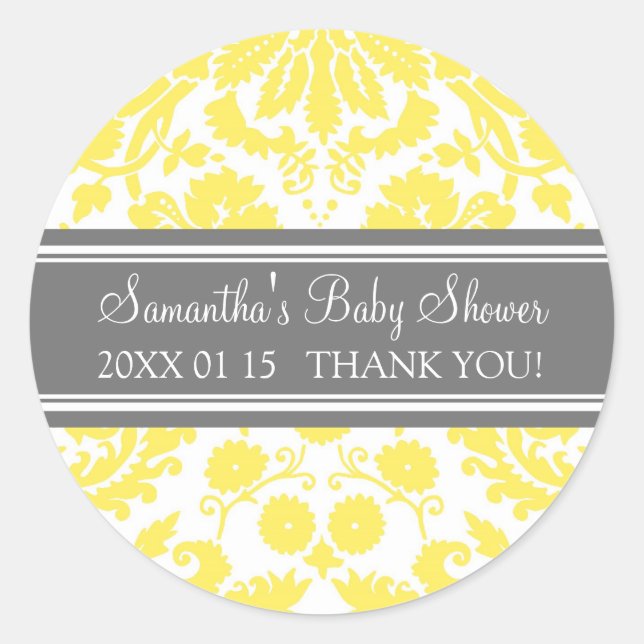 Yellow Grey Damask Baby Shower Favour Stickers (Front)