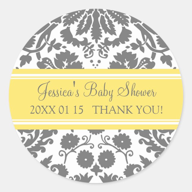 Yellow Grey Damask Baby Shower Favour Stickers (Front)