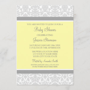 Yellow Grey Damask Custom Baby Shower Invitations