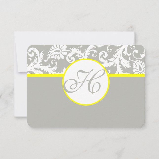 Yellow & Grey Damask RSVP Card- Silver Cloud Card (Front)