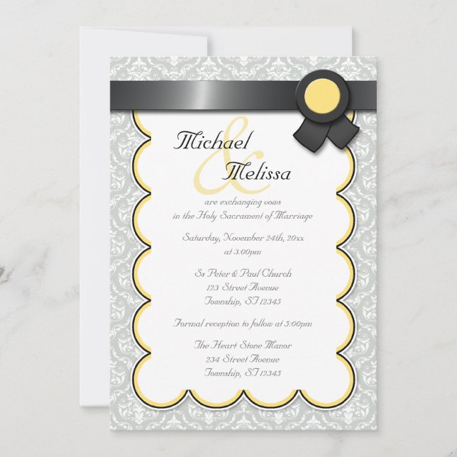Yellow & Grey Damask Wedding Invitations (Front)