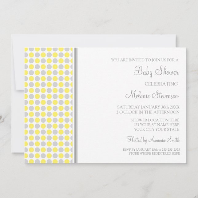 Yellow Grey Dots Custom Baby Shower Invitations (Back)