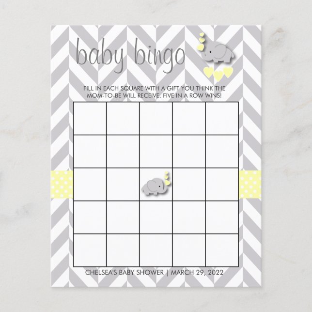 Yellow & Grey Elephant Baby Shower - Bingo Flyer (Front)
