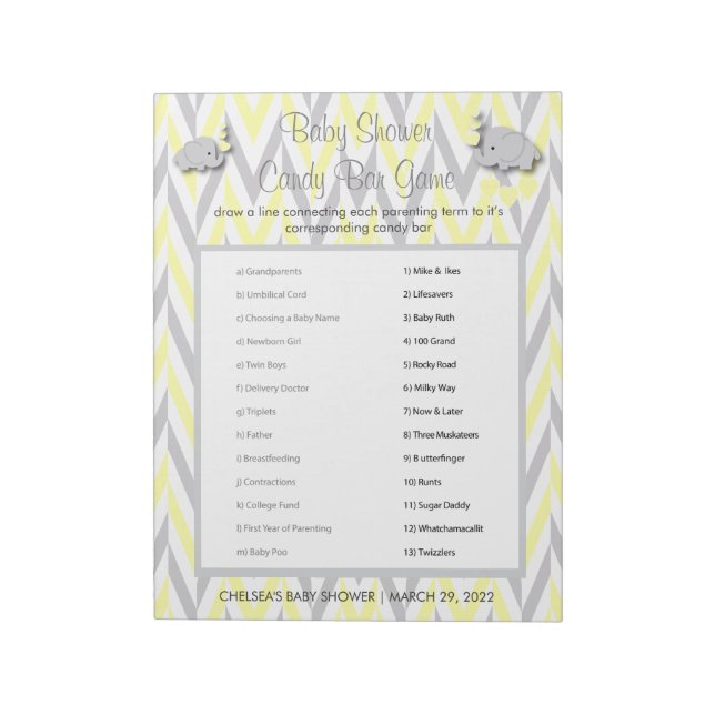 Yellow & Grey Elephant Baby Shower Candy Game Notepad (Rotated)