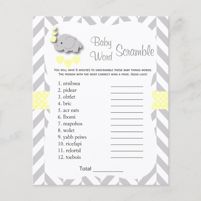 Yellow & Grey Elephant Baby Shower - Scramble Flyer (Front)
