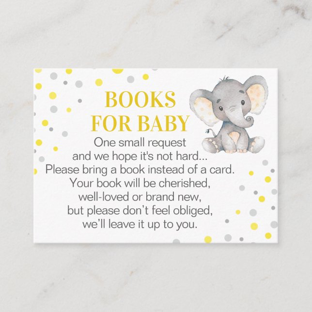 Yellow Grey Elephant Books for Baby Book Request Enclosure Card (Front)