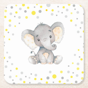 Yellow Grey Elephant Neutral Baby Shower Sprinkle Square Paper Coaster