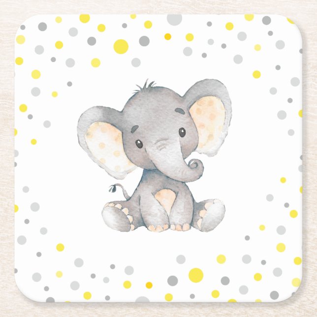 Yellow Grey Elephant Neutral Baby Shower Sprinkle Square Paper Coaster (Front)