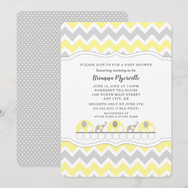 Yellow Grey Elephant neutral gender baby shower Invitation (Front/Back)
