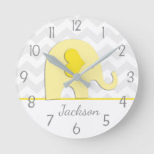Yellow Grey Elephant Nursery Wall Clock