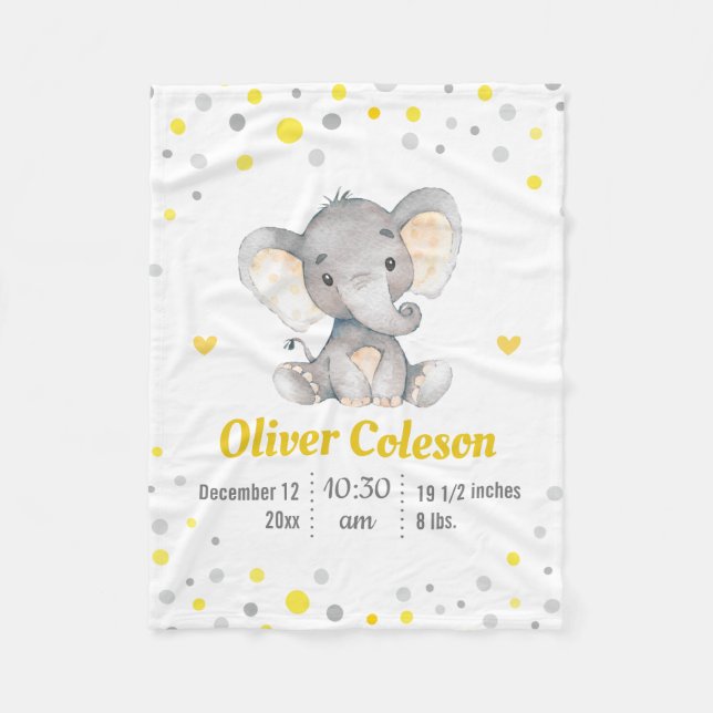 Yellow Grey Elephant Polka Dot Baby Stats Nursery Fleece Blanket (Front)