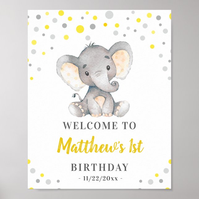 Yellow Grey Elephant Polka Dot Birthday Welcome Poster (Front)
