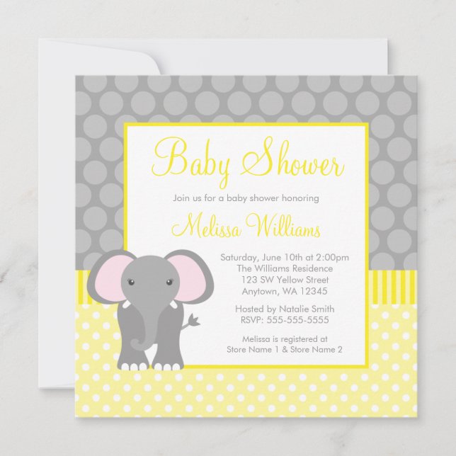 Yellow Grey Elephant Polka Dot Boy Baby Shower Invitation (Front)