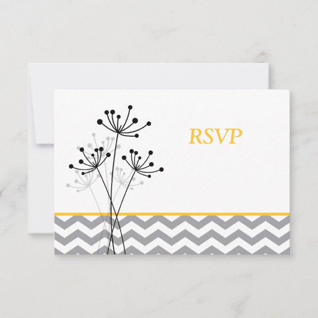 Yellow, Grey Floral, Chevron Wedding RSVP Card (Front)