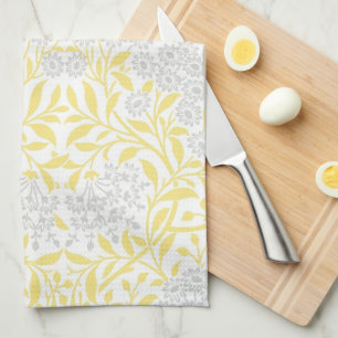 Yellow Grey Floral Damask Pattern Kitchen Towel