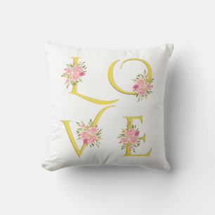 Yellow, grey floral Love typography Valentines Day Throw Pillow