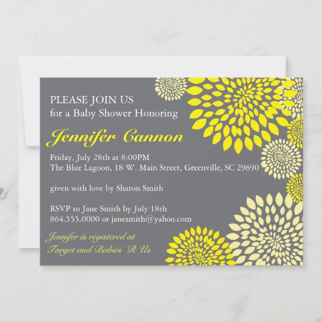 Yellow Grey Floral Modern Baby Shower Invitations (Front)