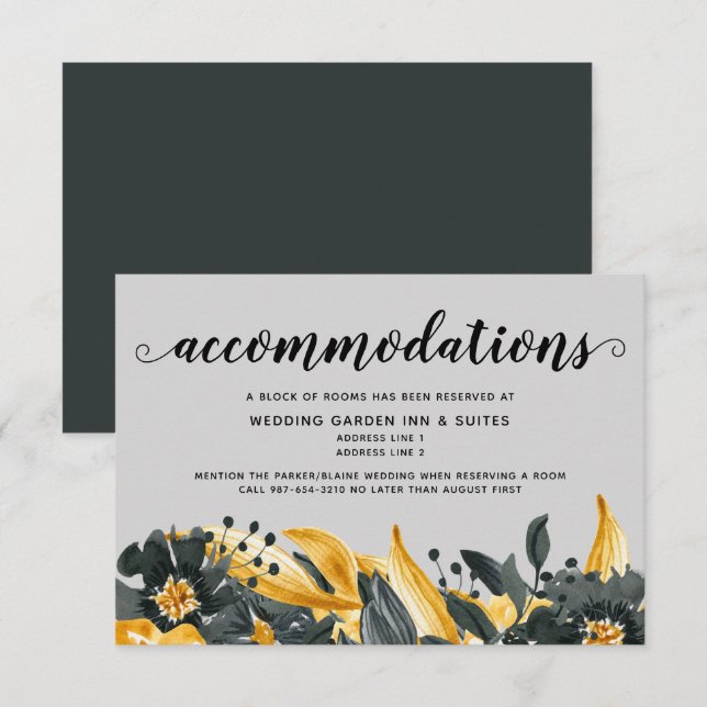Yellow & Grey Floral Modern Elegant Wedding Hotel RSVP Card (Front/Back)