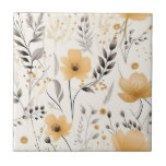 Yellow grey floral pattern tile<br><div class="desc">A soft, light beige, linen colour as background. Decorated with blue flowers and grey foliage.</div>