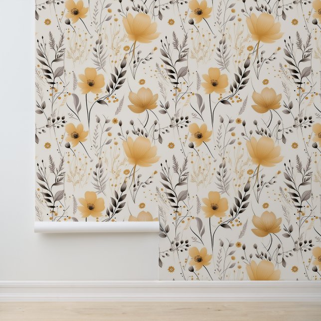 Yellow grey floral pattern wallpaper (Application)