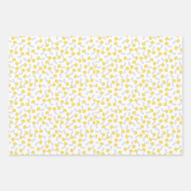 Yellow Grey Floral Pattern Wrapping Paper Sheet (Front)