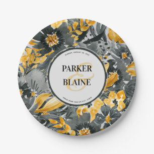 Yellow + Grey Floral Watercolor Monogram Wedding P Paper Plate