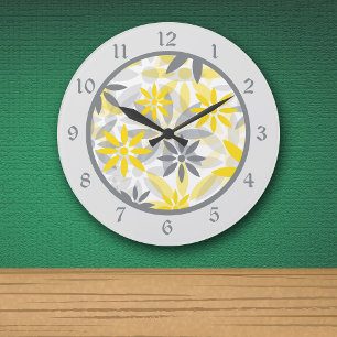 Yellow Grey Flower Graphic Large Clock