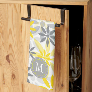 Yellow Grey Flower Graphic Monogram Kitchen Towel